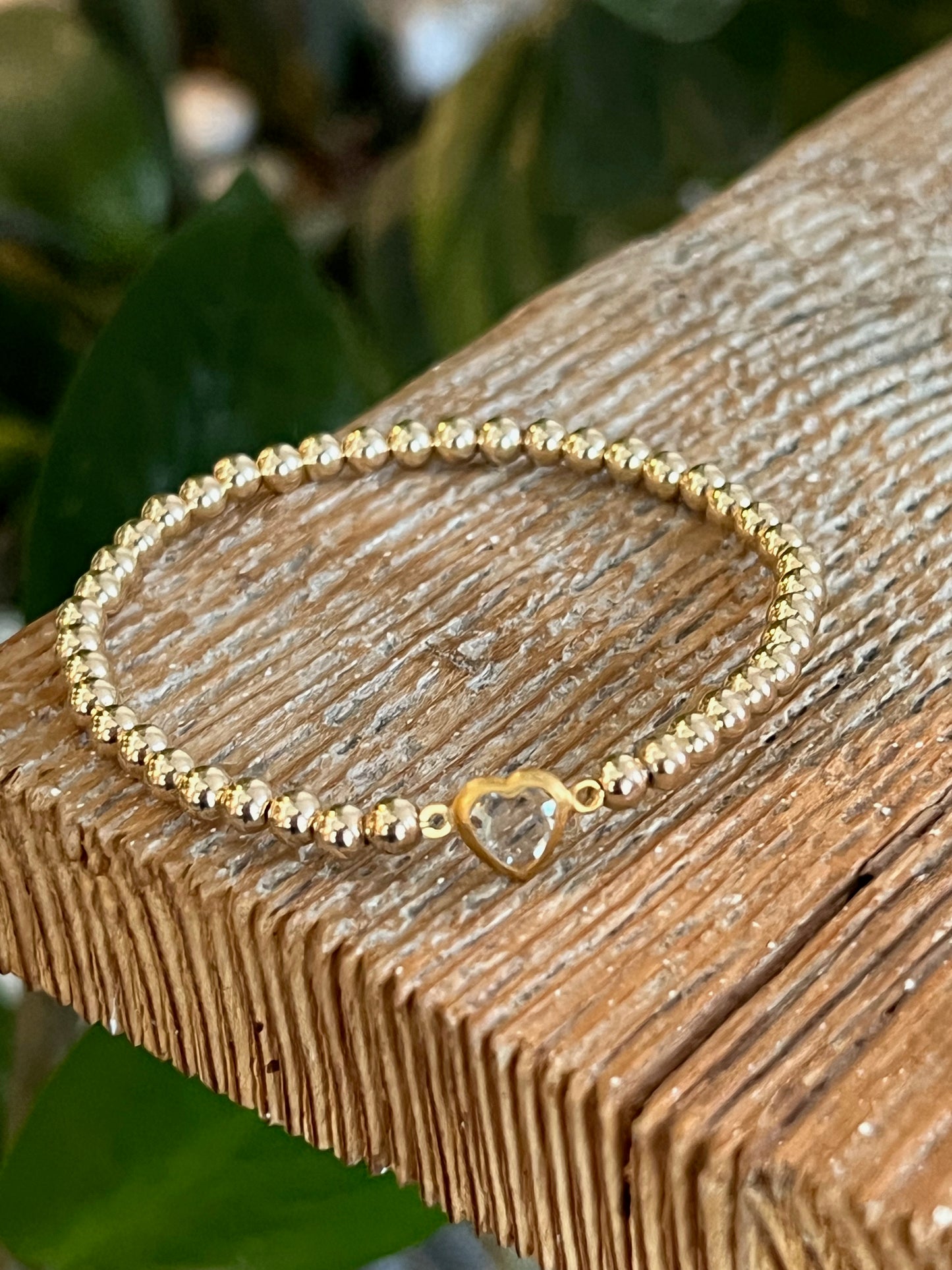 Clear Heart 4mm Beaded Bracelet Gold Filled