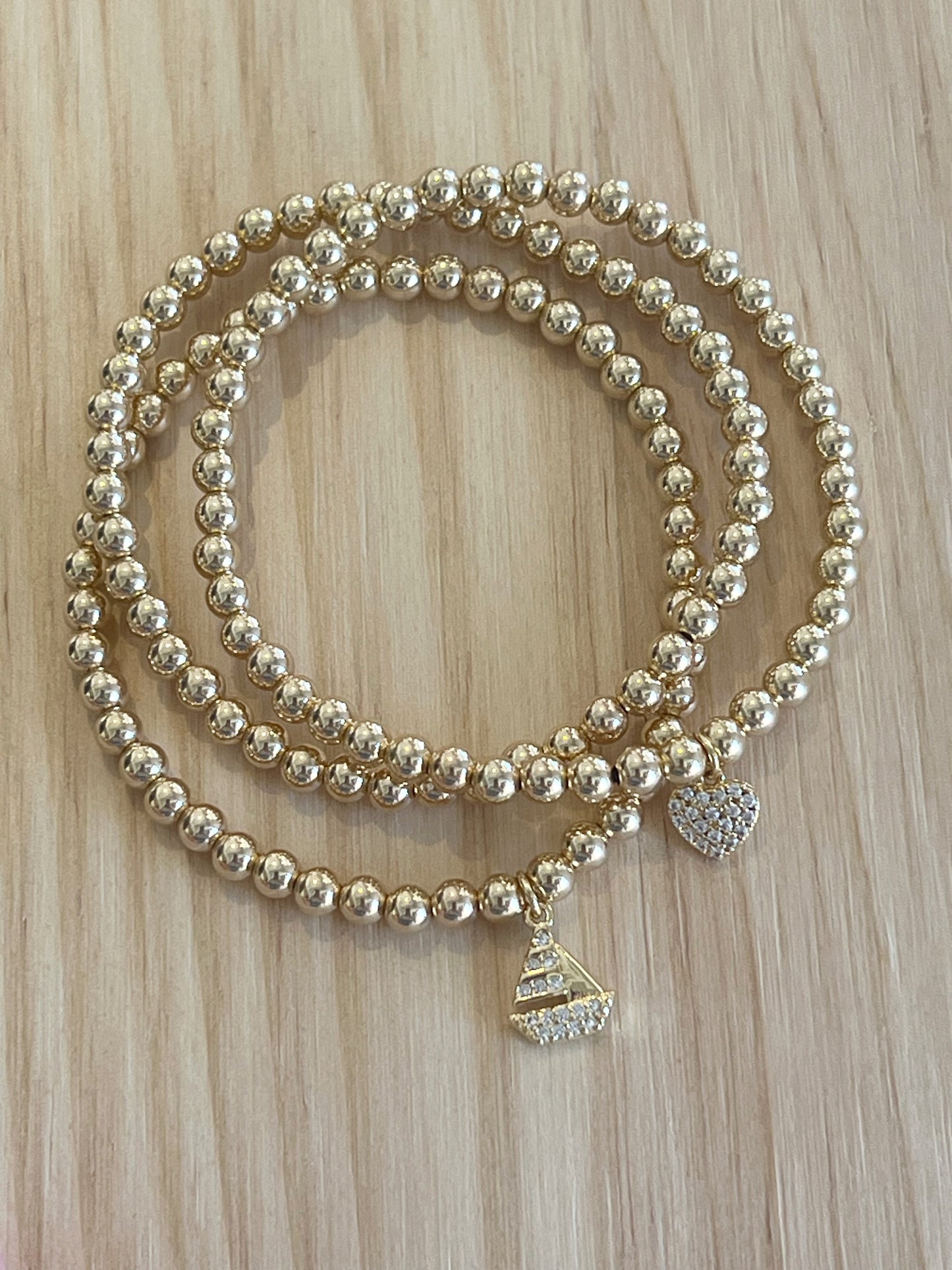 Mini CZ Boat Charm on 4mm Beaded Bracelet