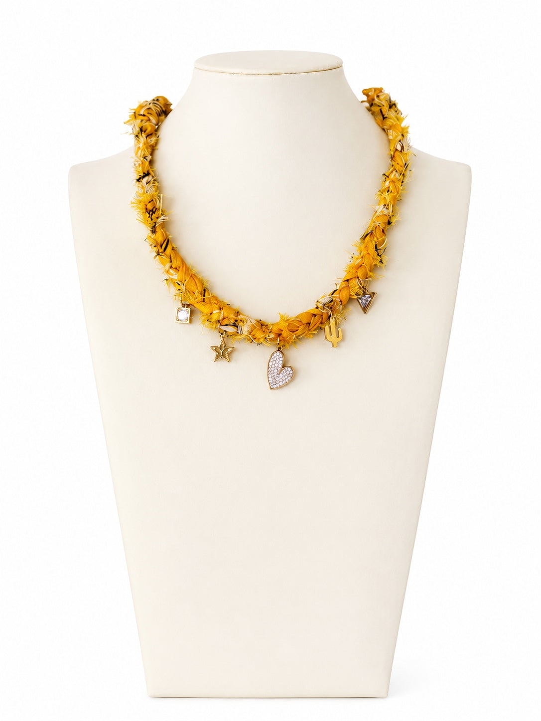 Yellow Frayed & Braided Scarf Charm Necklace