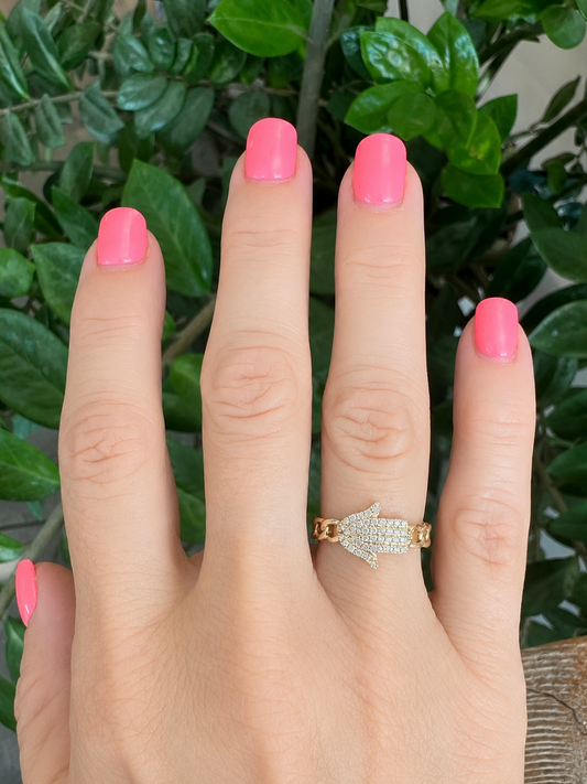 14K Gold Diamond Hamsa Cuban Link Ring