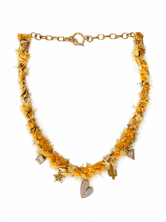 Yellow Frayed & Braided Scarf Charm Necklace