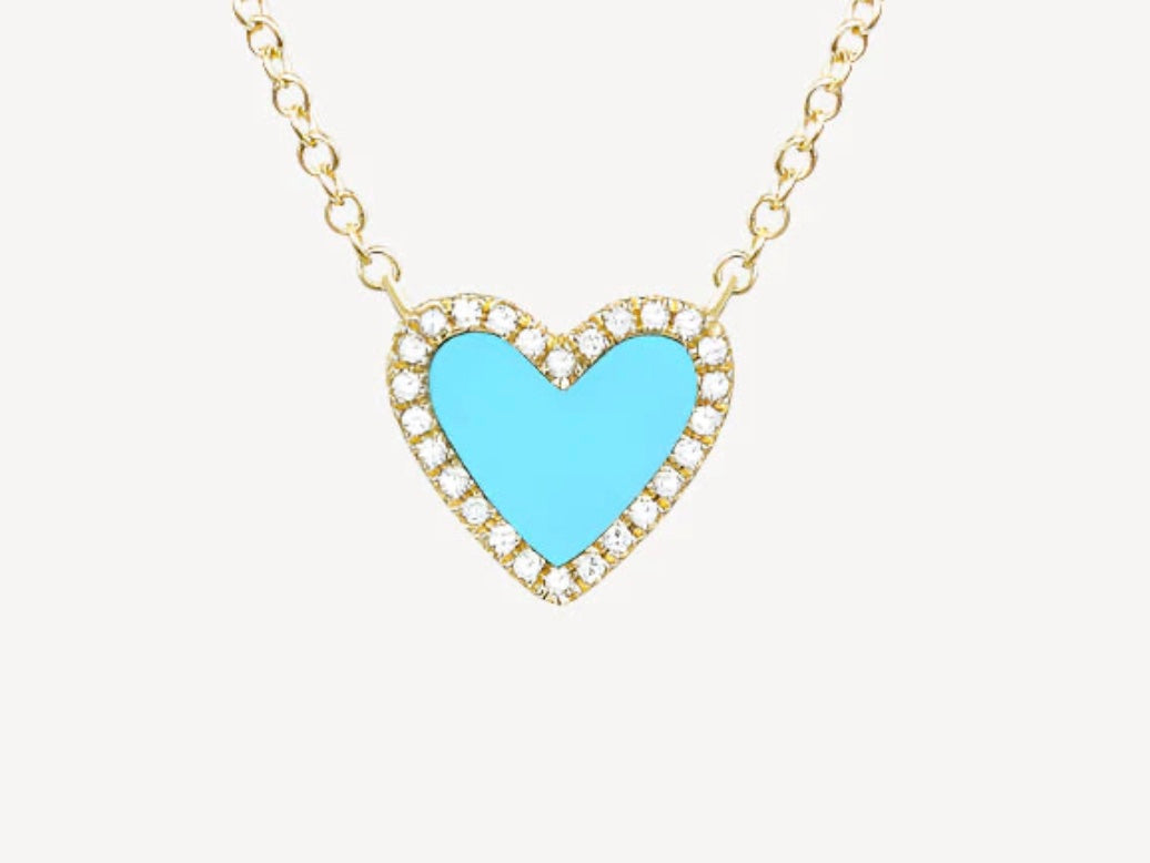 14KY Gold Turquoise and Pave Diamond Heart Necklace