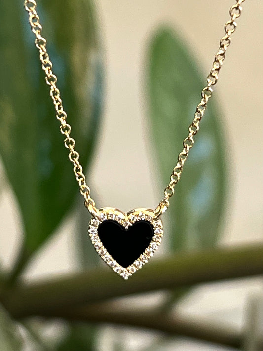 14KY Gold Onyx and Pave Diamond Heart Necklace
