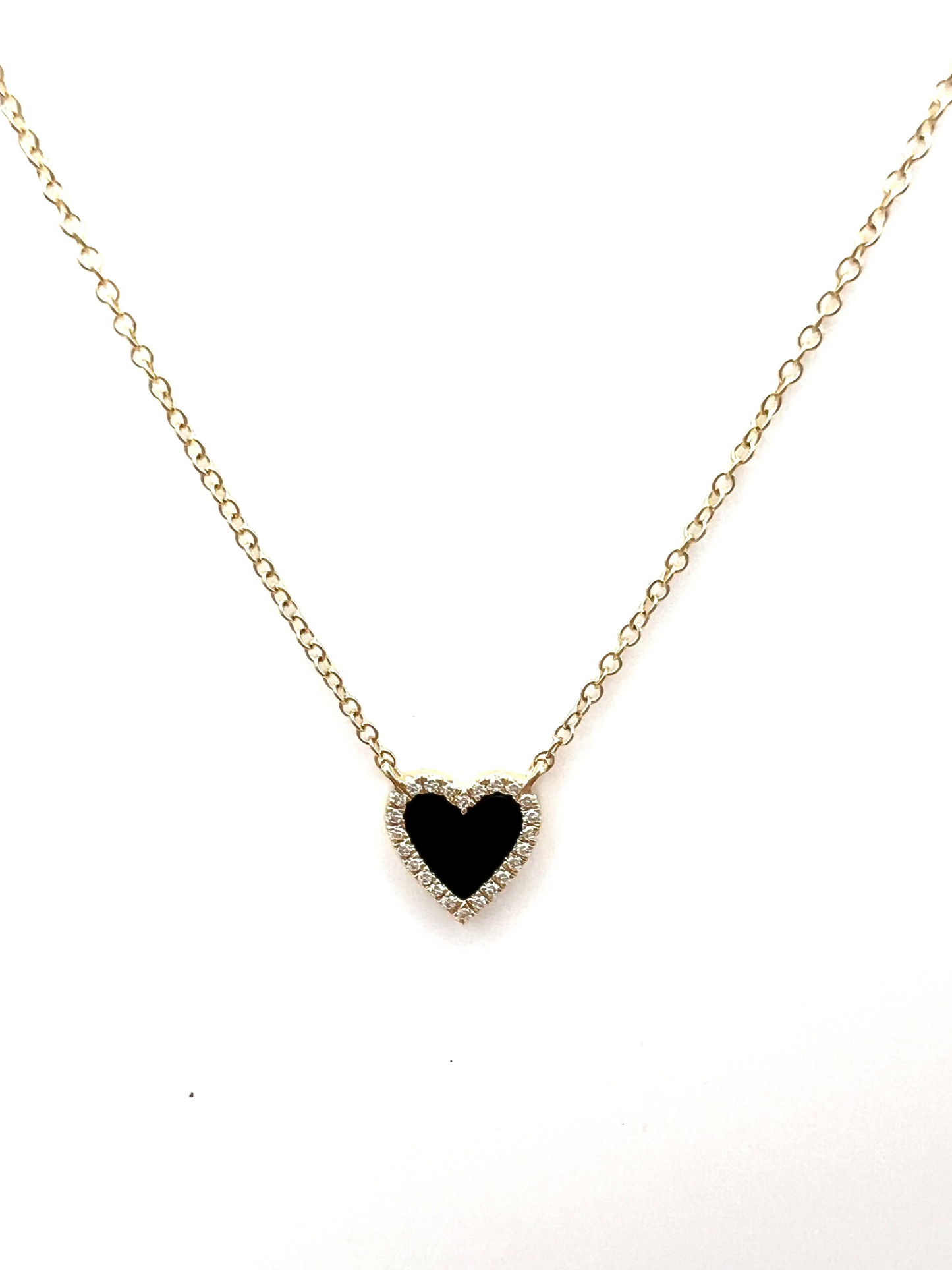 14KY Gold Onyx and Pave Diamond Heart Necklace