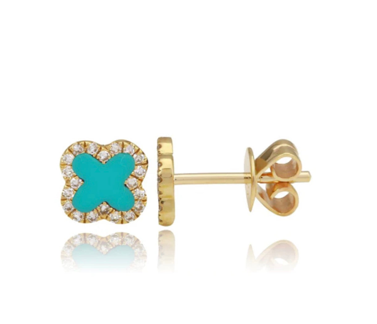 14KY Pave Diamond Clover and Stone Earrings