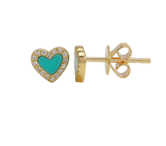 14KY Pave Diamond Heart and Stone Earrings
