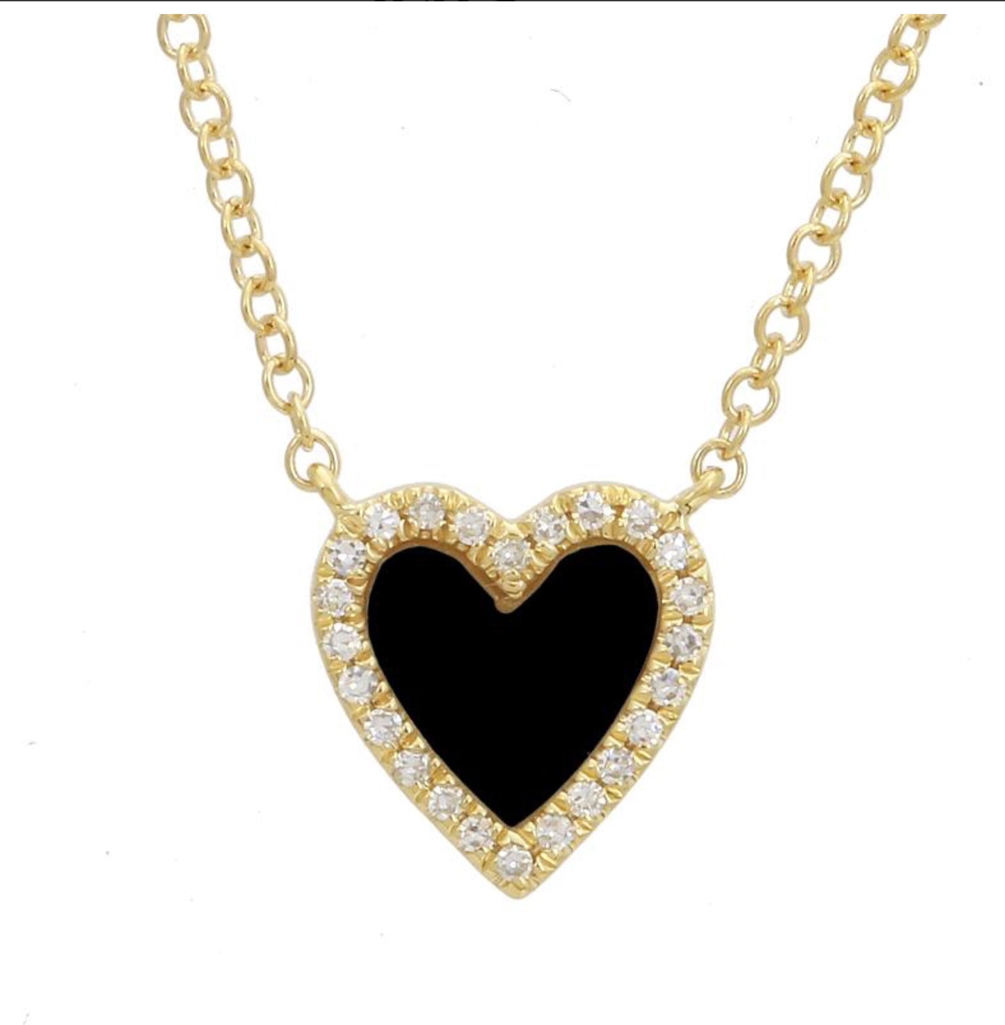14KY Gold Onyx and Pave Diamond Heart Necklace