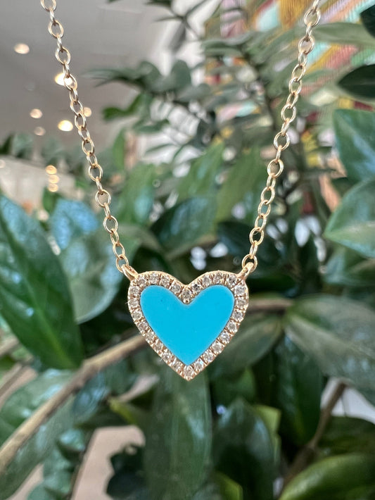 14KY Gold Turquoise and Pave Diamond Heart Necklace